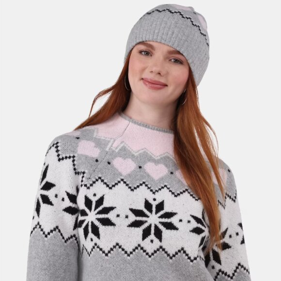 NWT No Boundaries Fairisle Jacquard Heather Gray Sweater & Beanie Set Women’s XS - Picture 2 of 15